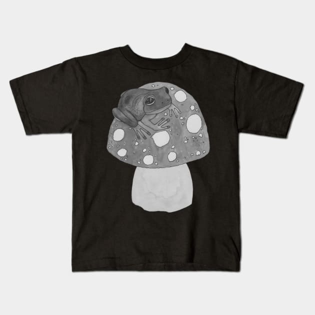 Black and white frog on mushroom Kids T-Shirt by deadblackpony